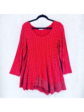 Habitat Top Womens S Red Blue Stripe Blouse Ruffle Hem Artsy Boho